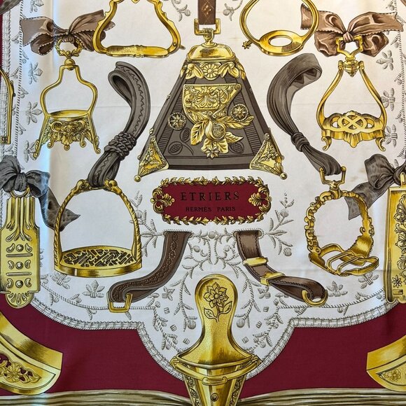 Vintage Hermes Etriers Silk Scarf Crimson and Gold by Françoise de la Perriere - Picture 3 of 15